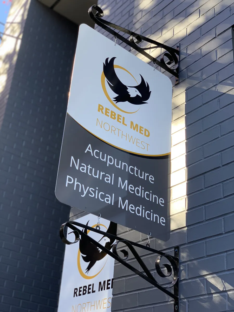 The Rebel Med NW sign outside the clinic in Ballard, Seattle